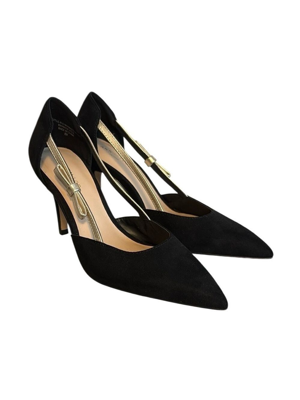 Ann Taylor Factory Black Suede Heels Sophisticated Style Gold Bow Accent Size 6